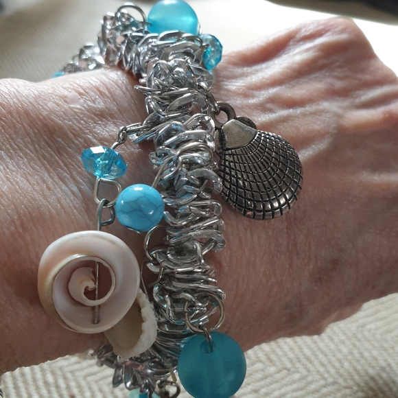 Silver, Shells, Beads, Stretch Bracelet - Picture 2 of 9